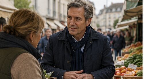 Philippe Paltruire au marché, en discussion avec une habitante
